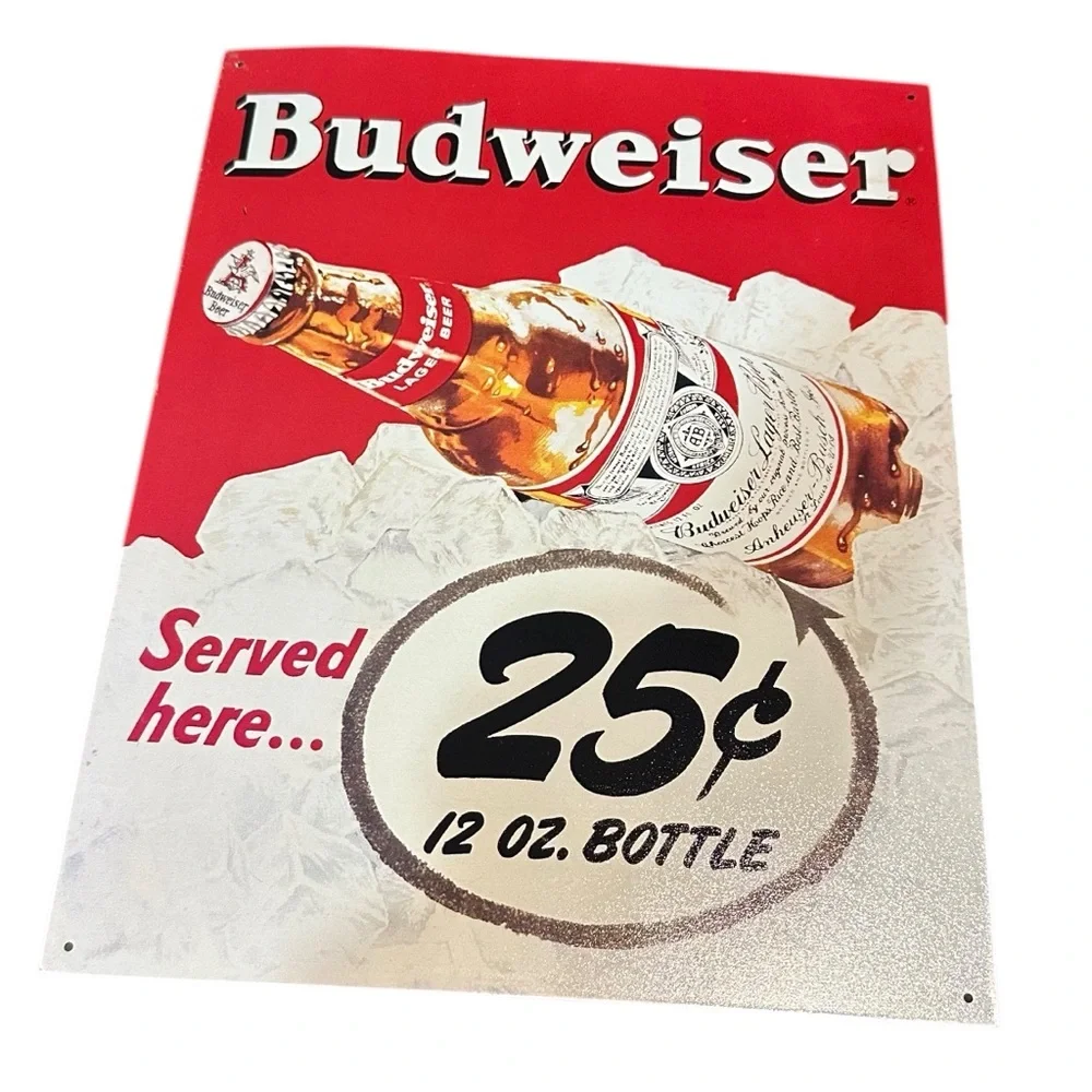 Budweiser Served Here 25 Cents 12 oz Bottle Sign Tin Metal 12.5